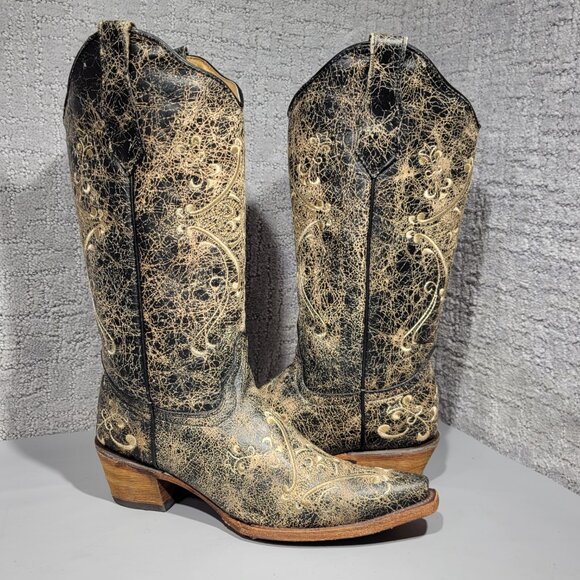 Corral Circle G Women's Size 7W US Black Crackle/Bone Embroidery Boots L5048 - Picture 7 of 11